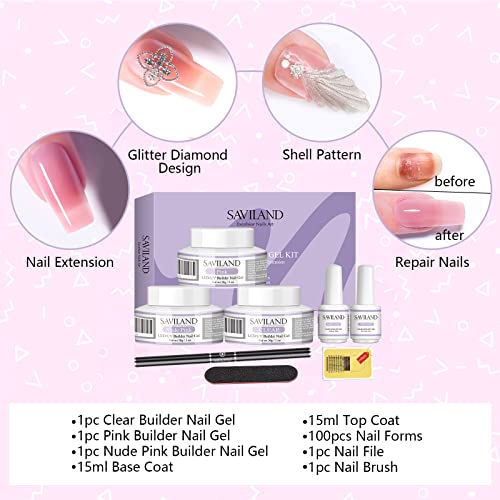 Saviland Builder Nail Gels Kit - 3 Colors 30g Clear Nude Pink Hard Gel for Na...
