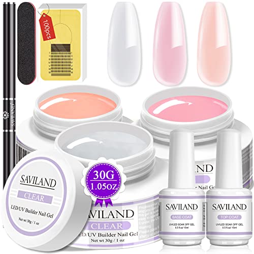 Saviland Builder Nail Gels Kit - 3 Colors 30g Clear Nude Pink Hard Gel for Na...