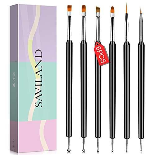 Saviland Nail Art Brush Set - 6pcs Double-End Nail Art Brushes Kit Profession...
