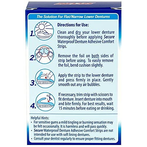 Secure Comfort Strips Waterproof Denture Adhesive - Zinc Free - Extra Firm Ho...