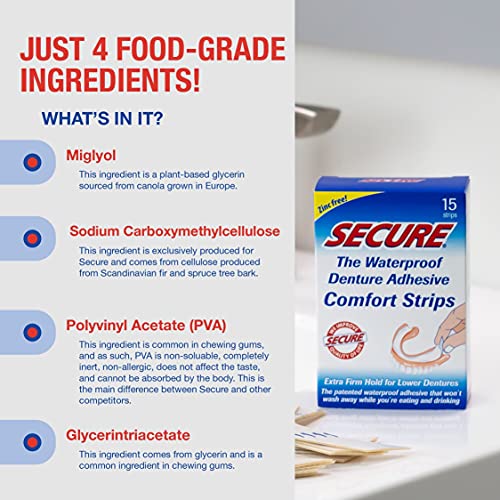 Secure Comfort Strips Waterproof Denture Adhesive - Zinc Free - Extra Firm Ho...