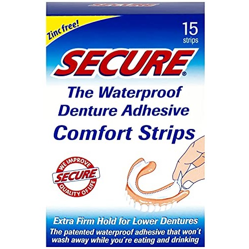 Secure Comfort Strips Waterproof Denture Adhesive - Zinc Free - Extra Firm Ho...