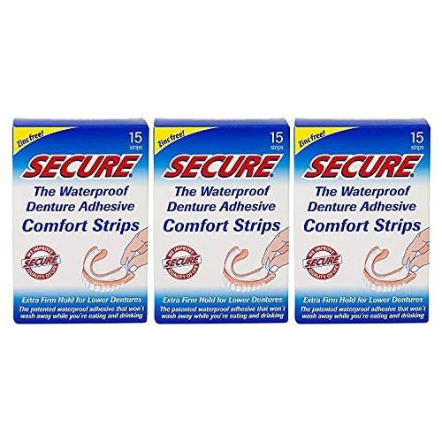 Secure Comfort Strips Waterproof Denture Adhesive - Zinc Free - Extra Firm Ho...
