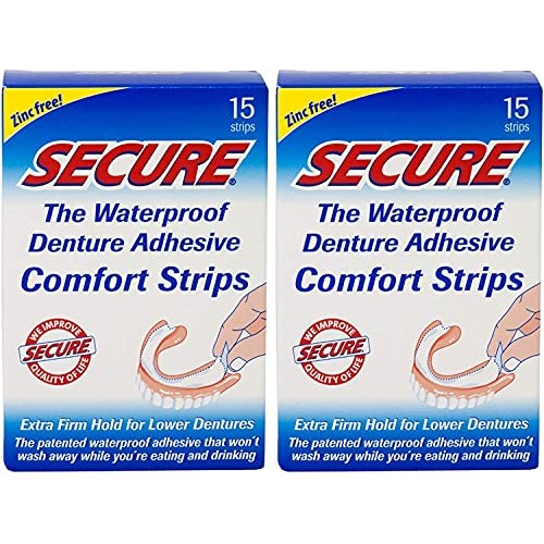Secure Comfort Strips Waterproof Denture Adhesive - Zinc Free - Extra Firm Ho...