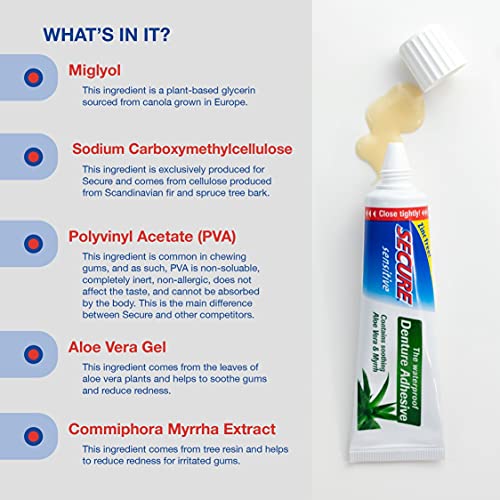 Secure Sensitive Gums Waterproof Denture Adhesive Zinc Free with Aloe Vera & ...