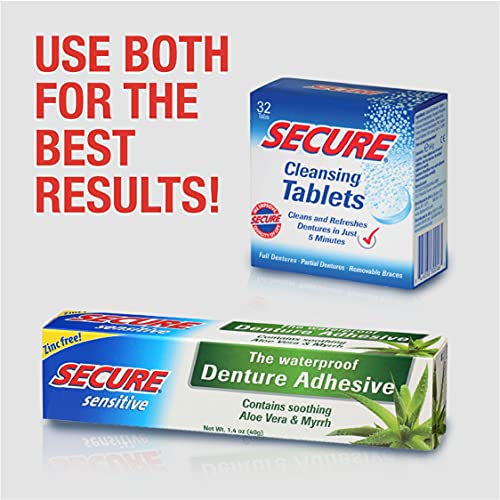 Secure Sensitive Gums Waterproof Denture Adhesive Zinc Free with Aloe Vera & ...