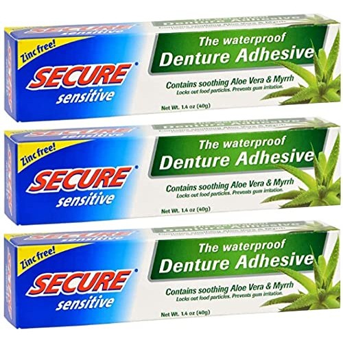 Secure Sensitive Gums Waterproof Denture Adhesive Zinc Free with Aloe Vera & ...