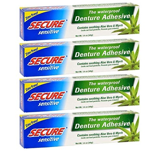Secure Sensitive Gums Waterproof Denture Adhesive Zinc Free with Aloe Vera & ...