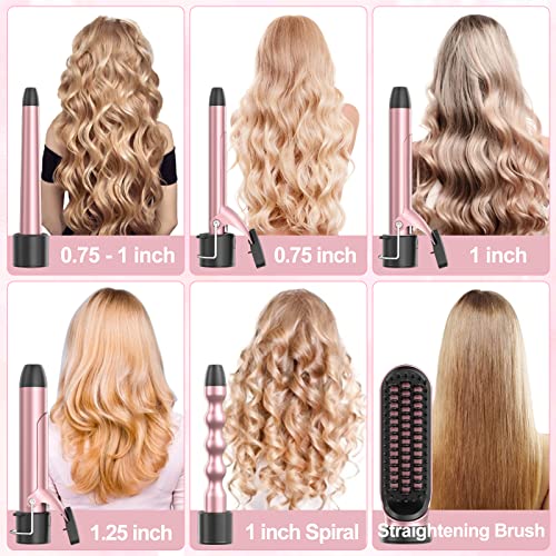 Curling Iron Set, Professional 6 in 1 Curling Wand with Hair Straightener Bru...