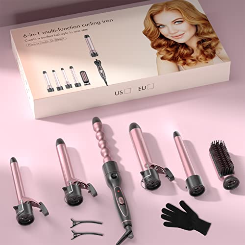 Curling Iron Set, Professional 6 in 1 Curling Wand with Hair Straightener Bru...