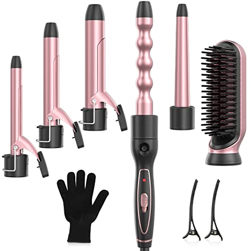 Curling Iron Set, Professional 6 in 1 Curling Wand with Hair Straightener Bru...