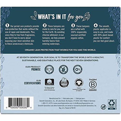 Seventh Generation Organic Cotton Tampons with Comfort Applicator Regular Abs...