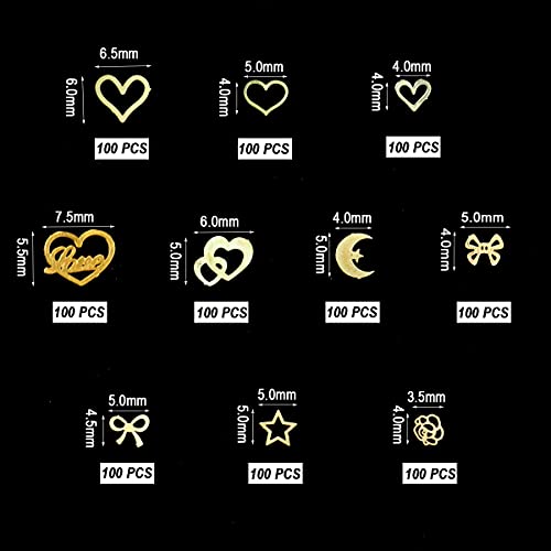 Seyafan 1000pcs 3D Gold Heart Nail Charms Kits Metallic Nail Art Stickers Set...