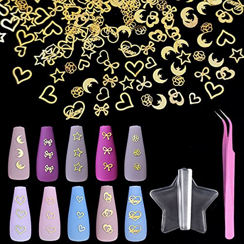Seyafan 1000pcs 3D Gold Heart Nail Charms Kits Metallic Nail Art Stickers Set...