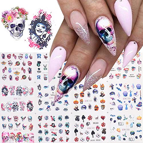 Halloween Nail Art Stickers 24 Sheets Water Transfer Nail Decals Pumpkin Skul...