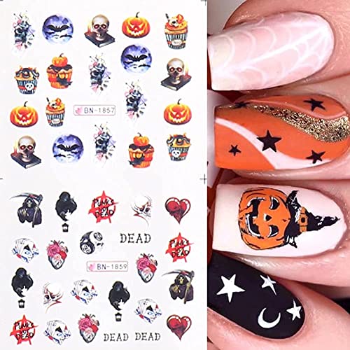 Halloween Nail Art Stickers 24 Sheets Water Transfer Nail Decals Pumpkin Skul...