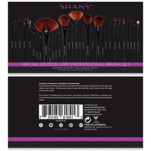 SHANY Professional Brush Set with Faux Leather Pouch, 32 Count, Synthetic Bri...