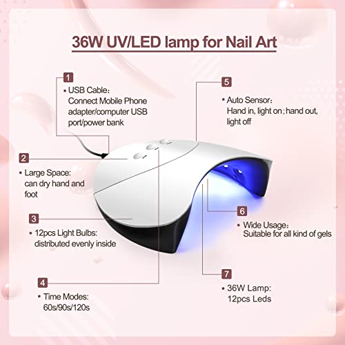 Poly Nail Gel Kit with 36W LED Nail Lamp Glitter Clear White Pink Color 10pcs...