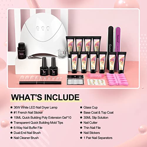 Poly Nail Gel Kit with 36W LED Nail Lamp Glitter Clear White Pink Color 10pcs...