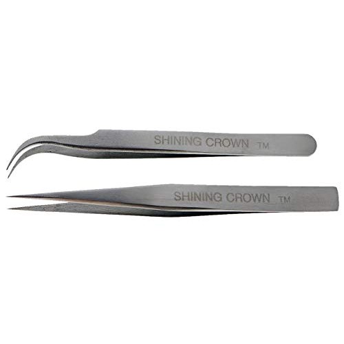 SHINING CROWN Tweezers for Eyelash Extension Straight and Curved 2PCS Set