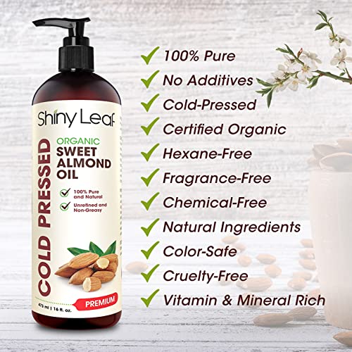 Organic Sweet Almond Oil for Hair and Skin, 100% Pure and Cold-Pressed, Hexan...