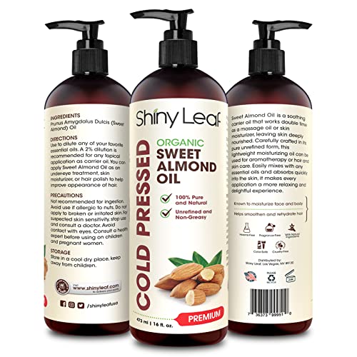 Organic Sweet Almond Oil for Hair and Skin, 100% Pure and Cold-Pressed, Hexan...