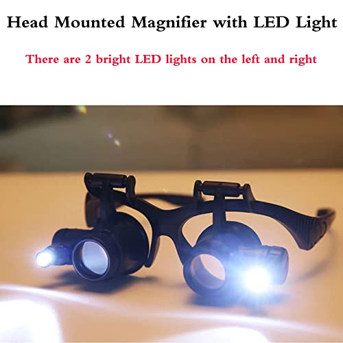 Shmian Head Mounted Magnifier,Loupe Glasses with LED Light and Adjustable Len...