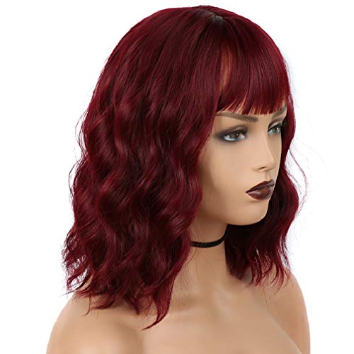 SHUOHAN Fahion Short Bob Wigs With Bangs Women's Short Wig Wine Red Wig with ...