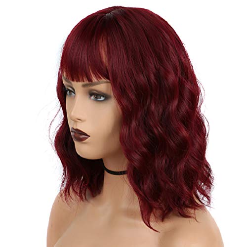 SHUOHAN Fahion Short Bob Wigs With Bangs Women's Short Wig Wine Red Wig with ...