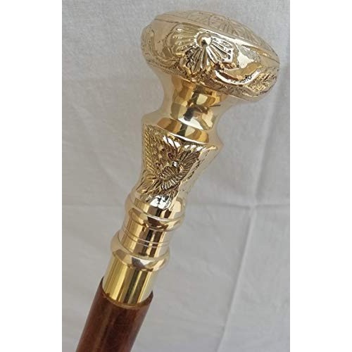 Vintage Brass Handle Victorian Telescope Fold able Wooden Walking Stick Walki...