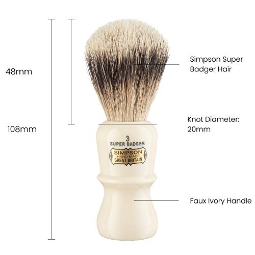 Emperor Super Badger Brush- Simpson Shaving Brushes - Faux Ivory Handle (3 Su...