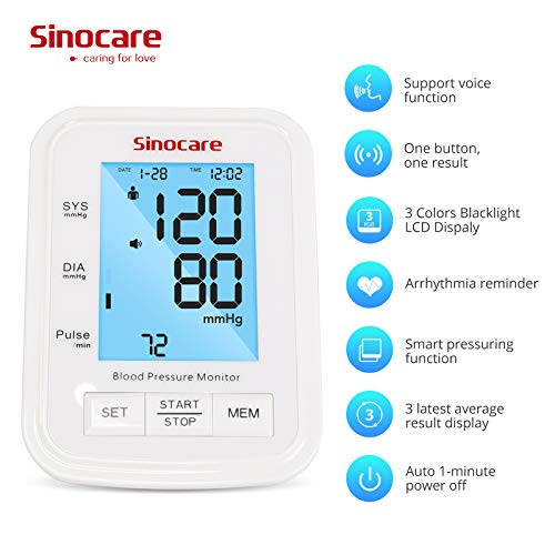 Sinocare Blood Pressure Monitor Upper Arm with 3-Color LCD Backlight Display ...