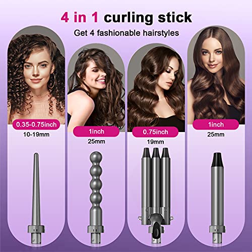 Curling Iron 3 Barrel Hair Waver,Siyaluens 4 in 1 Curling Wand Set with 4 Int...