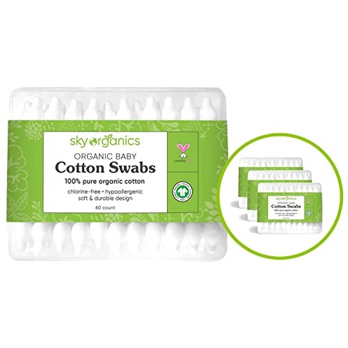Baby Cotton Swabs (3 packs of 60 ct. Total 180), Organic Fragrance and Chlori...