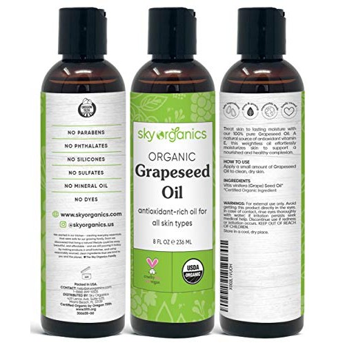 USDA Certified Organic Grapeseed Oil by Sky Organics (8oz) 100% Pure, Natural...