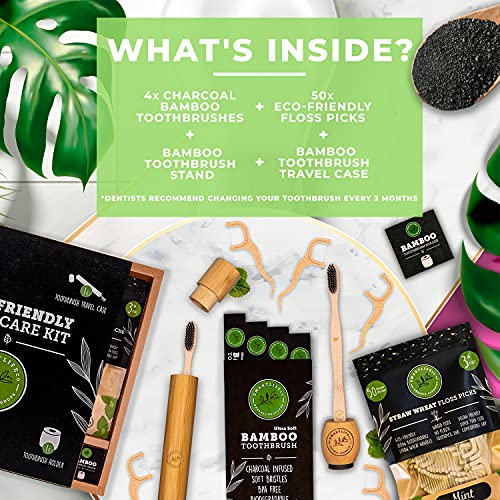 Bamboo Charcoal Toothbrush with Natural Floss Picks, Travel Case & Stand - So...