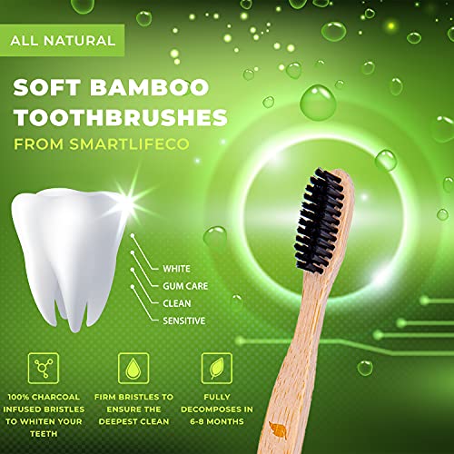 Bamboo Charcoal Toothbrush with Natural Floss Picks, Travel Case & Stand - So...