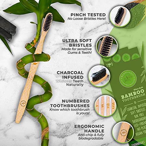 Bamboo Charcoal Toothbrush with Natural Floss Picks, Travel Case & Stand - So...