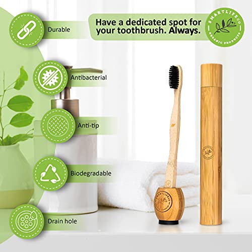 Bamboo Charcoal Toothbrush with Natural Floss Picks, Travel Case & Stand - So...