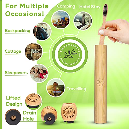Bamboo Charcoal Toothbrush with Natural Floss Picks, Travel Case & Stand - So...