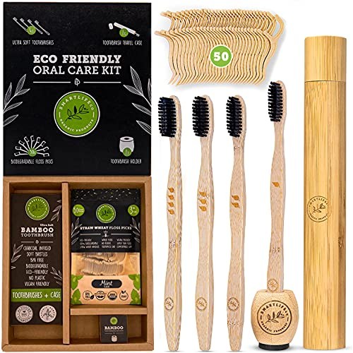 Bamboo Charcoal Toothbrush with Natural Floss Picks, Travel Case & Stand - So...