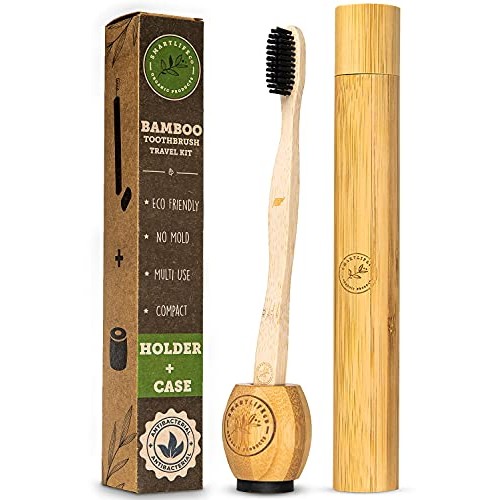 Bamboo Charcoal Toothbrush with Travel Case & Holder Kit - Extra Soft Natural...