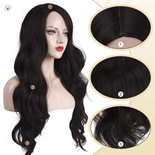 Sofeiyan Long Wavy Wigs Natural Looking Right Side Parting Dark Brown Synthet...