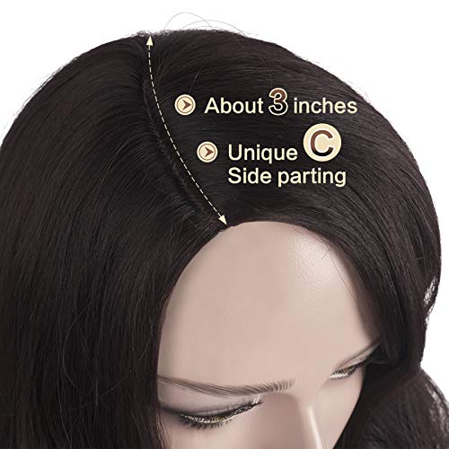 Sofeiyan Long Wavy Wigs Natural Looking Right Side Parting Dark Brown Synthet...