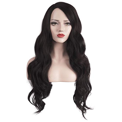 Sofeiyan Long Wavy Wigs Natural Looking Right Side Parting Dark Brown Synthet...
