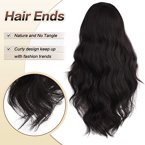 Sofeiyan Long Wavy Wigs Natural Looking Right Side Parting Dark Brown Synthet...