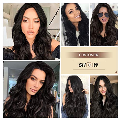 Sofeiyan Long Wavy Wigs Natural Looking Right Side Parting Dark Brown Synthet...