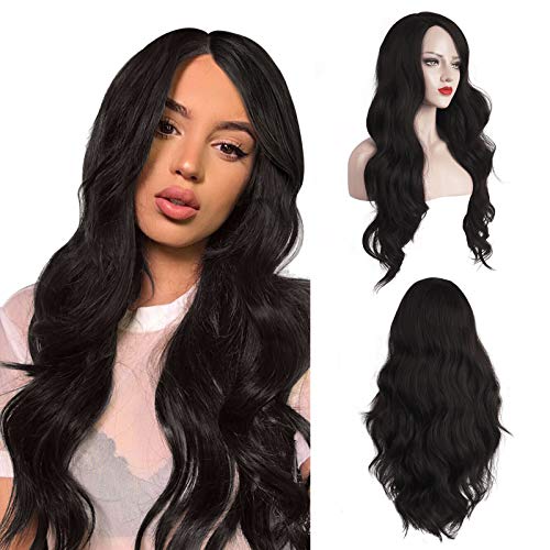 Sofeiyan Long Wavy Wigs Natural Looking Right Side Parting Dark Brown Synthet...