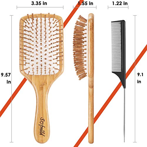Hair Brush-Natural Wooden Bamboo Brush and Detangle Tail Comb Instead of Brus...