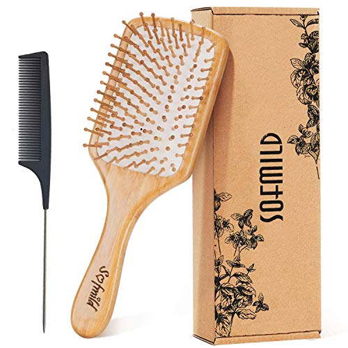 Hair Brush-Natural Wooden Bamboo Brush and Detangle Tail Comb Instead of Brus...